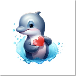 Valentine Dolphin Holding Heart Posters and Art